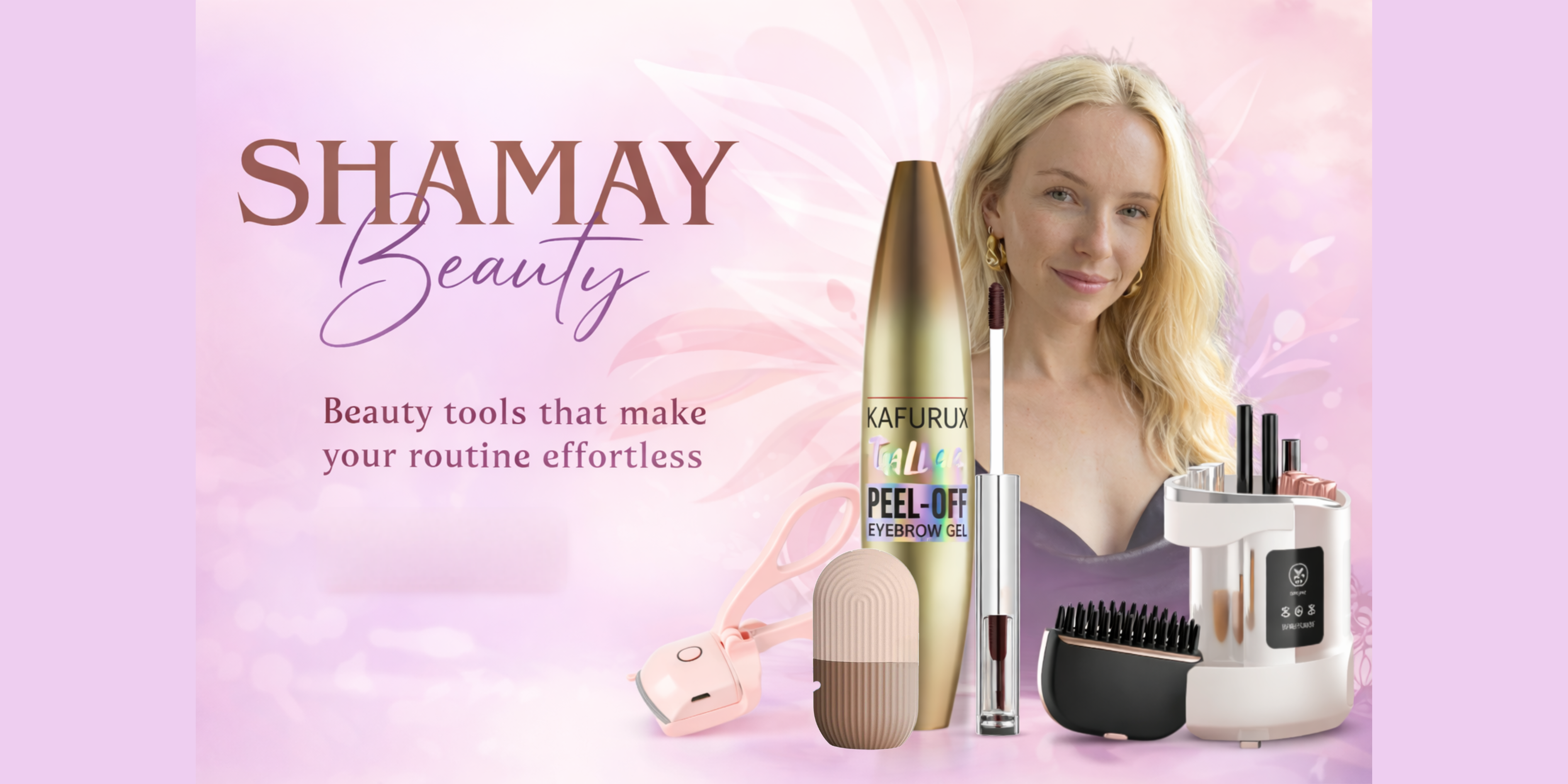 Shamay Beauty advertisement with beauty tools on a pink background