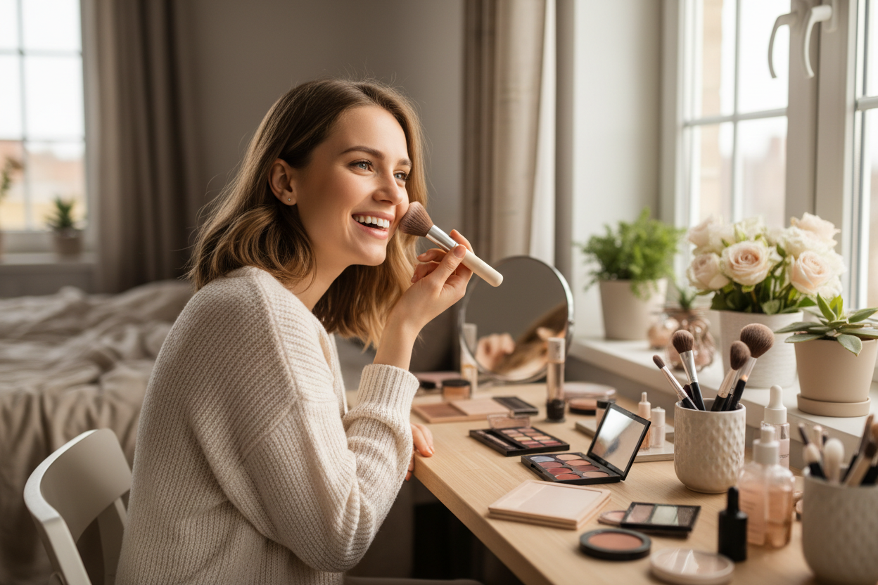 create a happy woman doing makeup